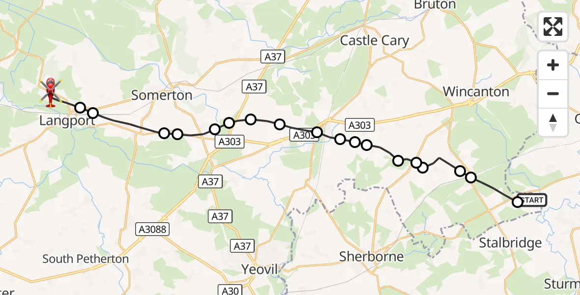 Flight route Air Ambulance Helicopter Henstridge Airfield - Huish Episcopi, 29 August 2026, 12:40