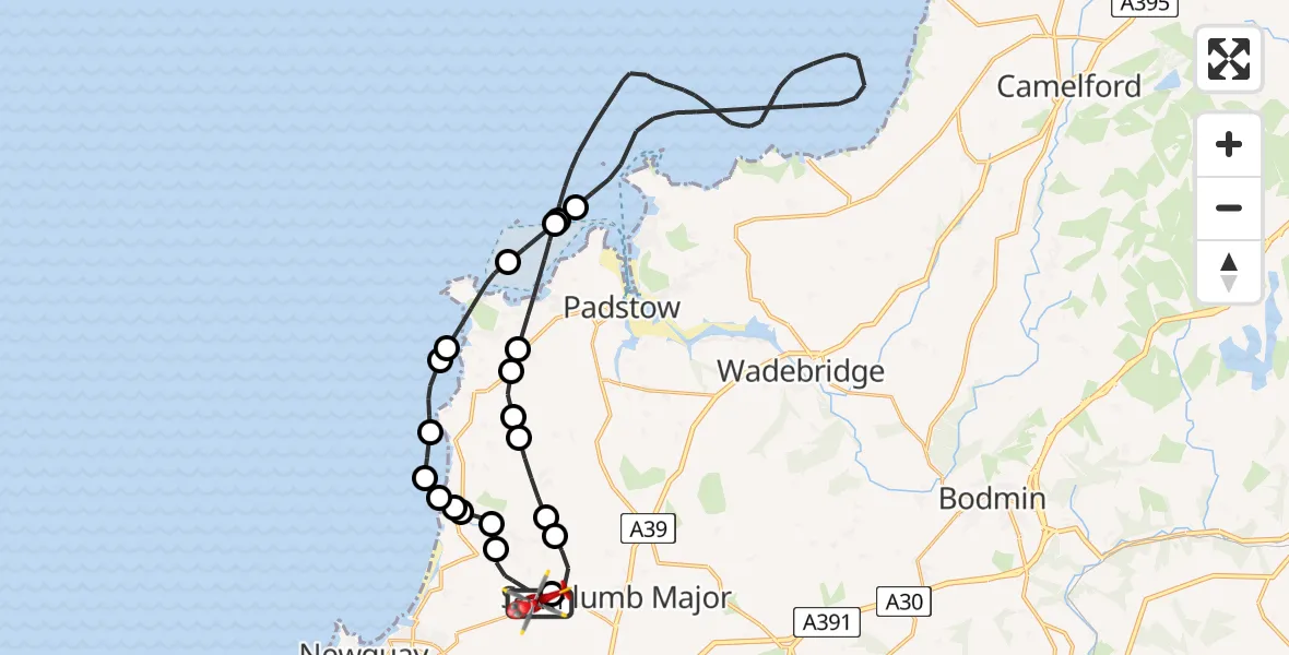 Flight route Air Ambulance Helicopter Cornwall Airport Newquay - Cornwall Airport Newquay, 29 August 2026, 12:44