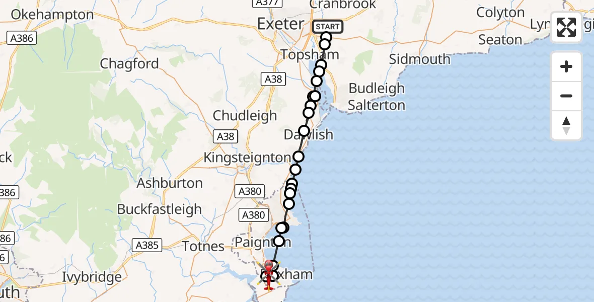 Flight route Air Ambulance Helicopter Clyst Honiton - Torquay Go-Kart circuit helipad, 29 August 2026, 12:46