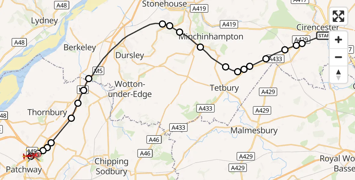 Flight route Air Ambulance Helicopter Cirencester - Almondsbury Helicopter Base, 29 August 2026, 12:58