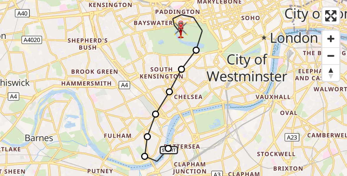 Flight route Air Ambulance Helicopter London Heliport - City of Westminster, 29 August 2026, 13:03