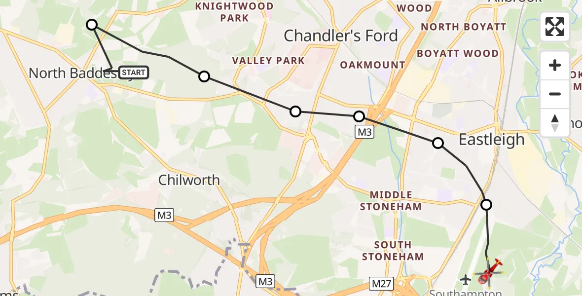 Flight route Air Ambulance Helicopter Chilworth - Southampton Airport, 29 August 2026, 13:04
