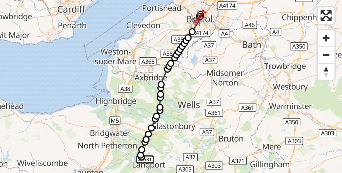 Flight route Air Ambulance Helicopter Huish Episcopi - Bristol Royal Infirmary, 29 August 2026, 13:32