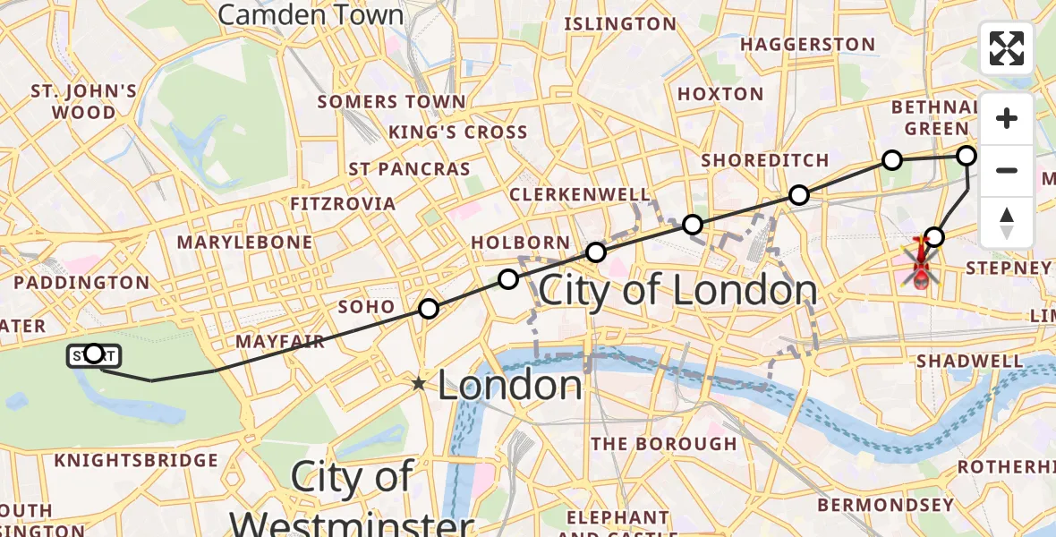 Flight route Air Ambulance Helicopter City of Westminster - Royal London Hospital, 29 August 2026, 13:34