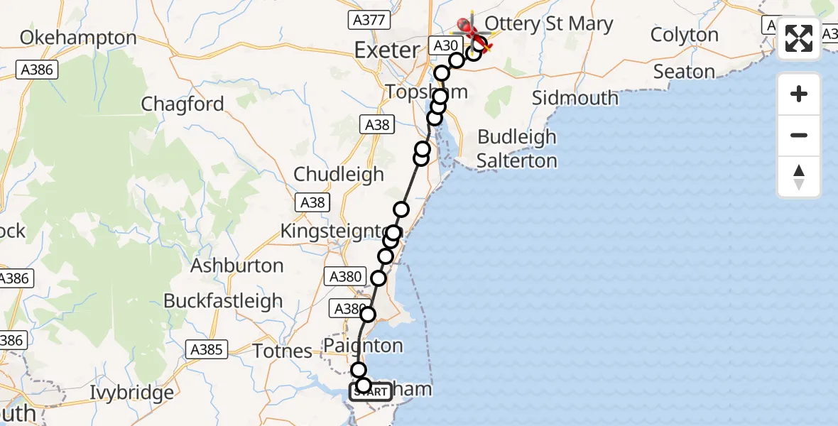 Flight route Air Ambulance Helicopter Torquay Go-Kart circuit helipad - Rockbeare, 29 August 2026, 13:39