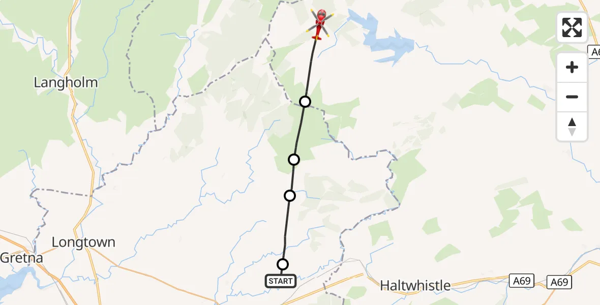 Flight route Air Ambulance Helicopter Waterhead - Kielder, 29 August 2026, 14:02