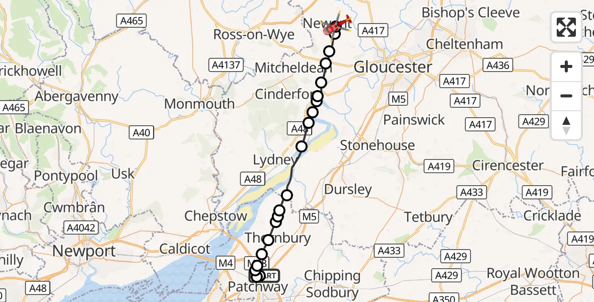 Flight route Air Ambulance Helicopter Almondsbury Helicopter Base - Highleadon, 29 August 2026, 14:14