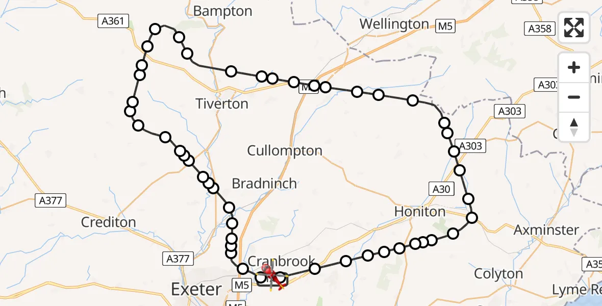 Flight route Air Ambulance Helicopter Exeter International Airport - Exeter International Airport, 29 August 2026, 14:15