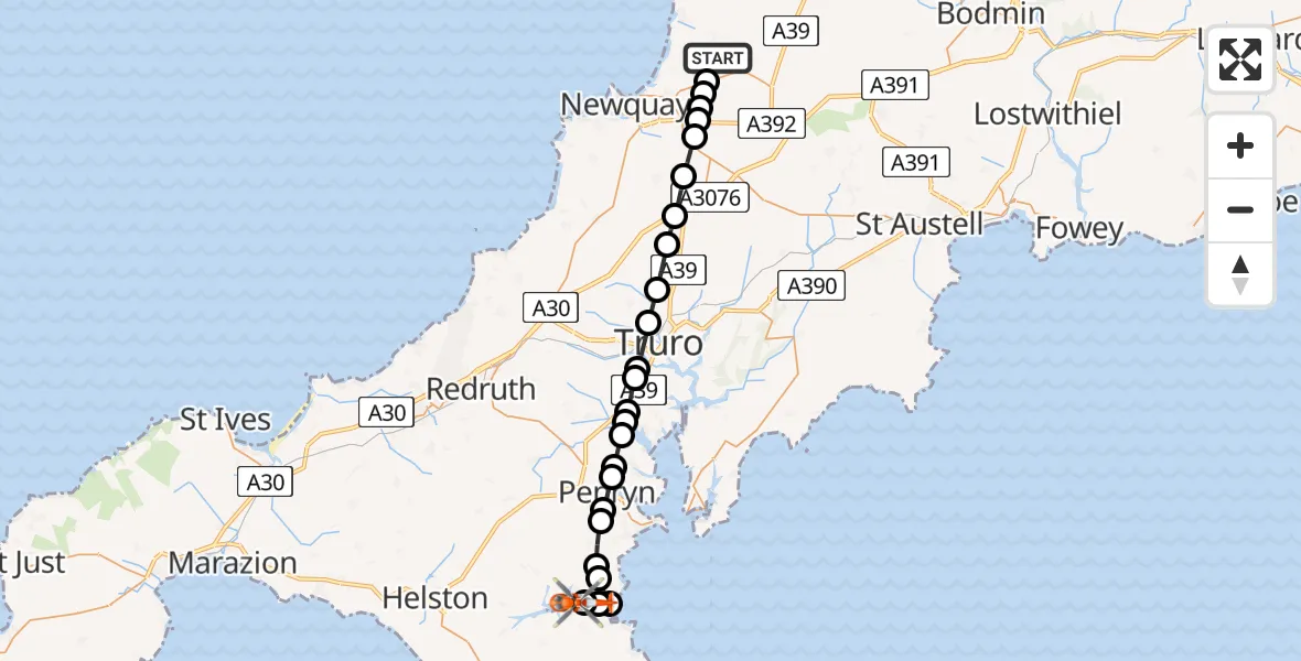 Flight route Coastguard Helicopter Cornwall Airport Newquay - Helford, 29 August 2026, 14:18