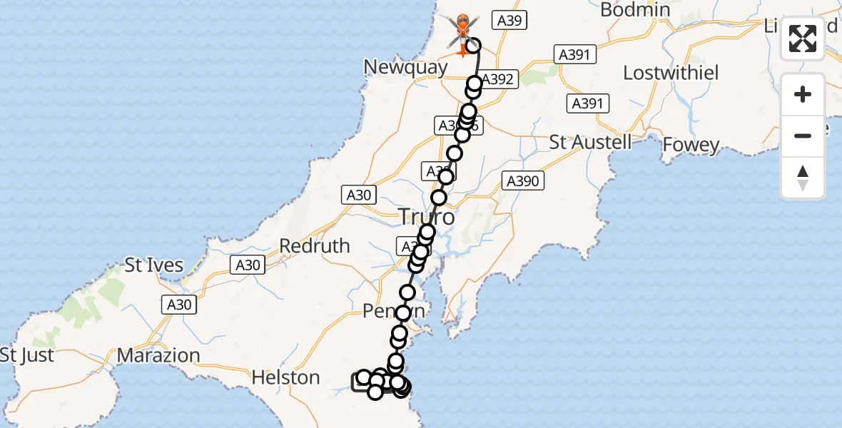 Flight route Coastguard Helicopter Helford - Cornwall Airport Newquay, 29 August 2026, 14:38