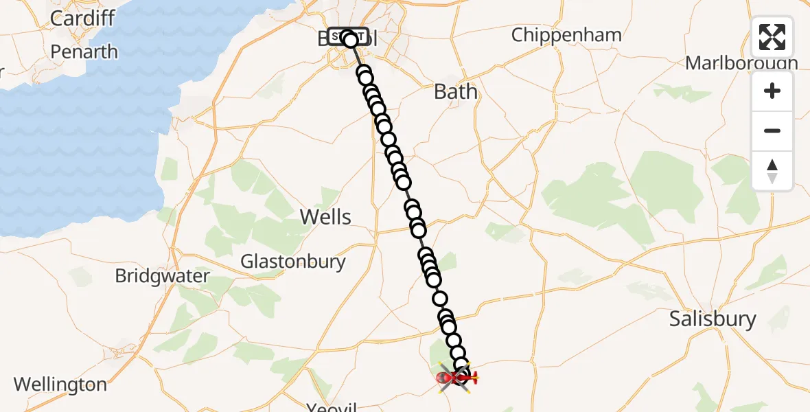 Flight route Air Ambulance Helicopter Bristol Royal Infirmary - Henstridge Airfield, 29 August 2026, 14:38