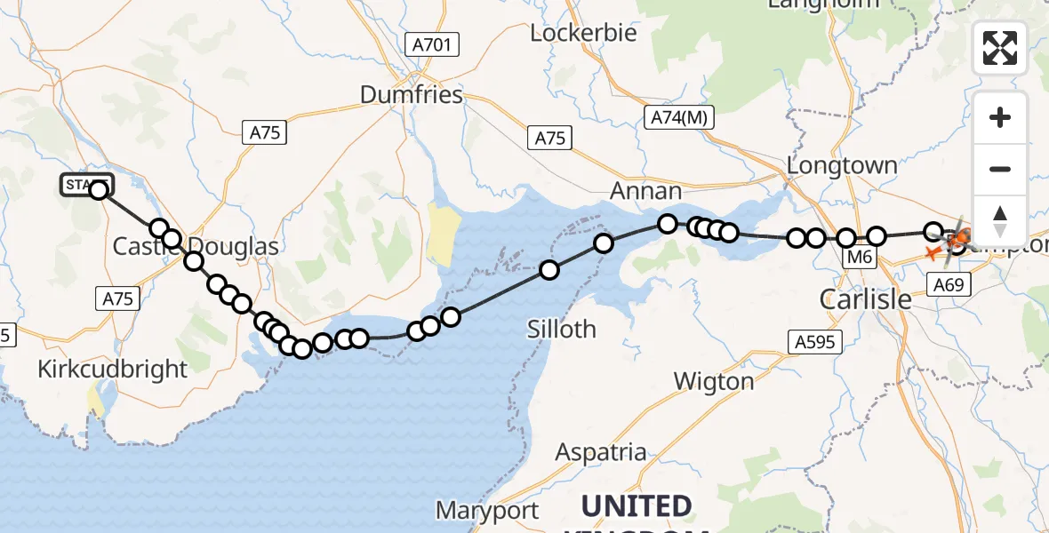 Flight route Coastguard Helicopter Dumfries and Galloway - Carlisle Lake District Airport, 29 August 2026, 14:45