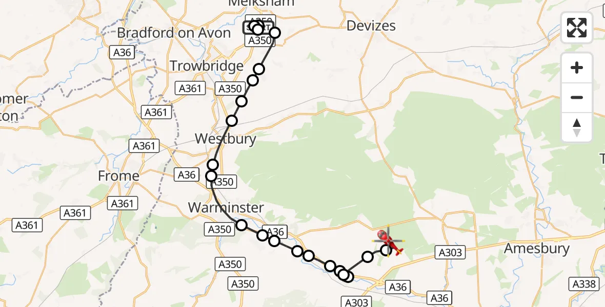 Flight route Air Ambulance Helicopter Wiltshire Air Ambulance - Shrewton, 29 August 2026, 14:49