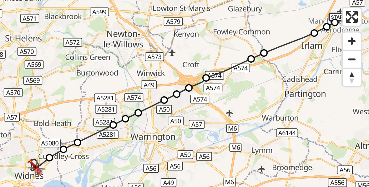 Flight route Air Ambulance Helicopter Manchester Barton Aerodrome - Widnes, 29 August 2026, 14:50
