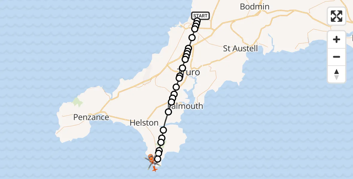 Flight route Coastguard Helicopter Cornwall Airport Newquay - Lizard, 29 August 2026, 15:04