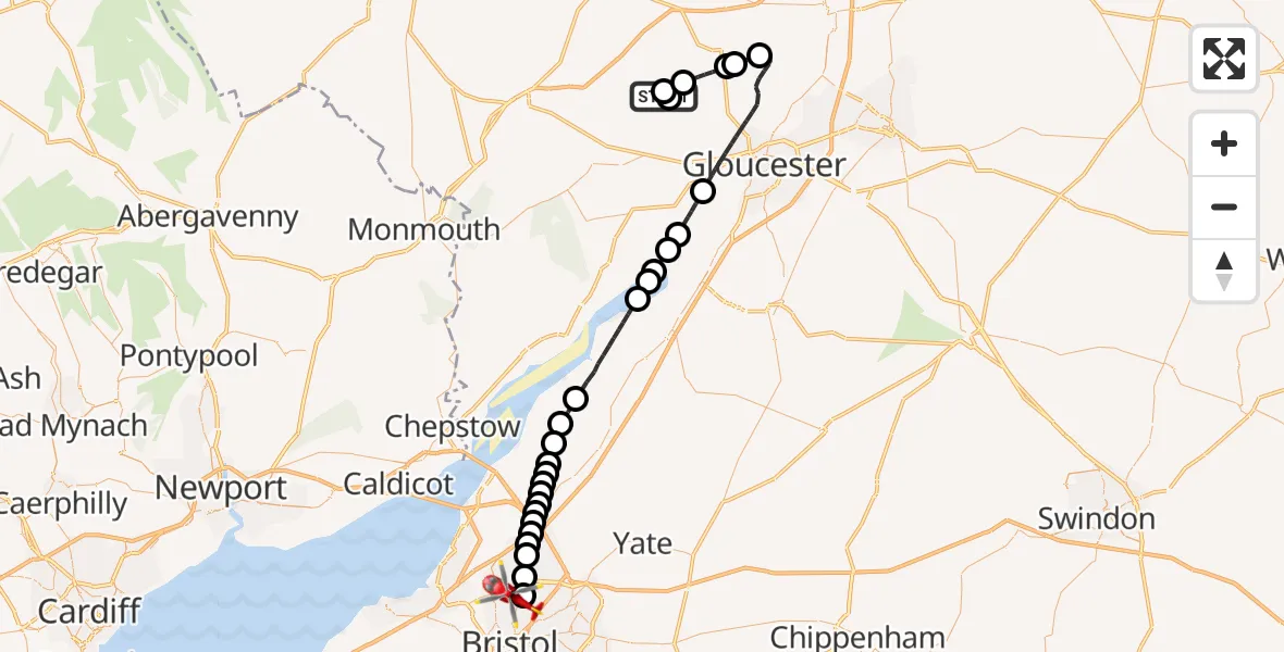 Flight route Air Ambulance Helicopter Highleadon - Bristol, 29 August 2026, 15:08