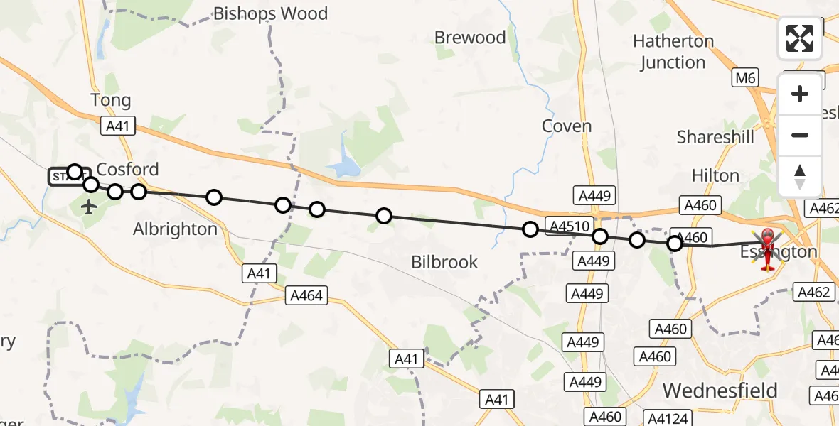 Flight route Air Ambulance Helicopter RAF Cosford - Essington, 29 August 2026, 15:13