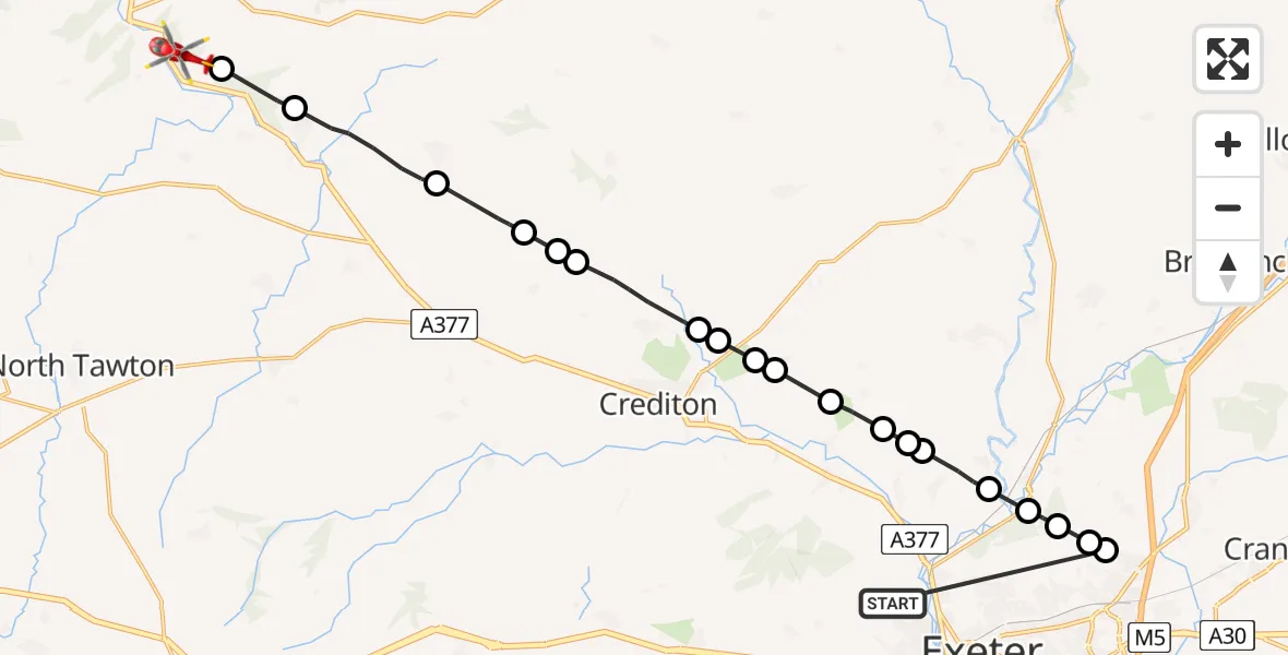 Flight route Air Ambulance Helicopter Exeter - Mid Devon, 29 August 2026, 15:18