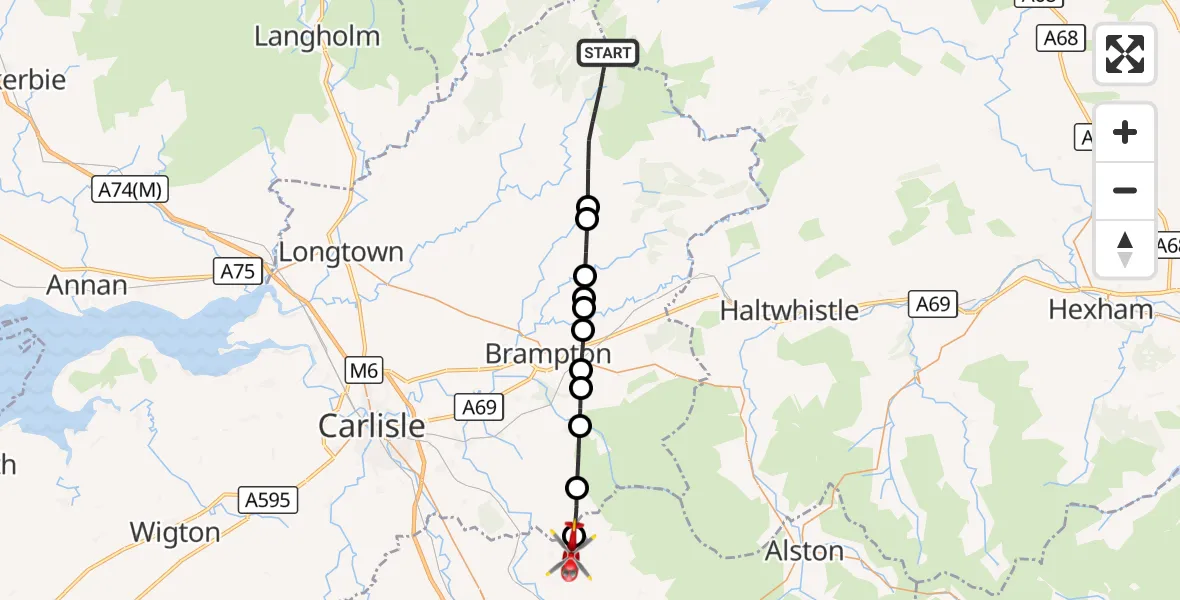 Flight route Air Ambulance Helicopter Bewcastle - Ainstable, 29 August 2026, 15:22