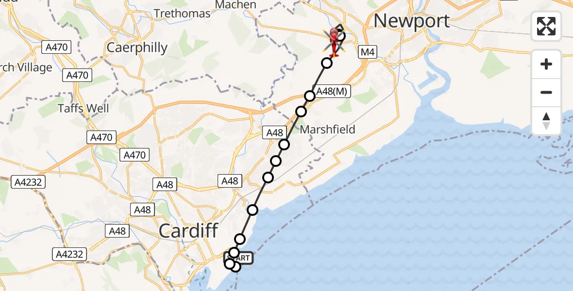 Flight route Air Ambulance Helicopter Cardiff Heliport - Rhiwderin, 29 August 2026, 15:25