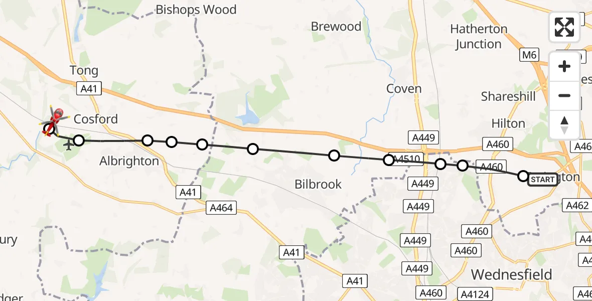 Flight route Air Ambulance Helicopter Essington - Shifnal, 29 August 2026, 15:36