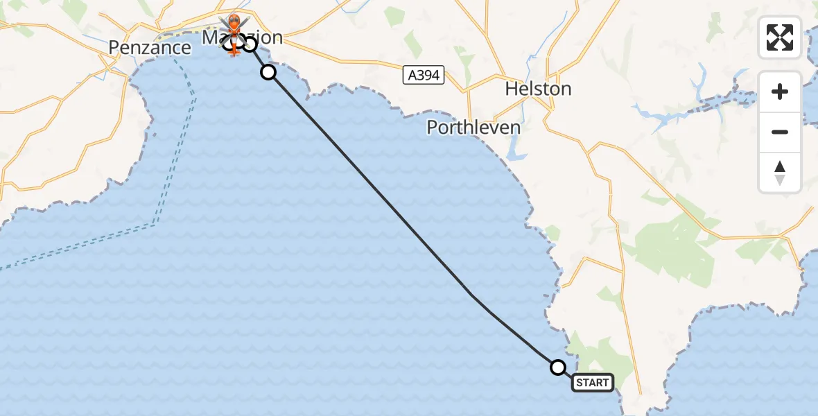 Flight route Coastguard Helicopter Lizard - Marazion, 29 August 2026, 15:44