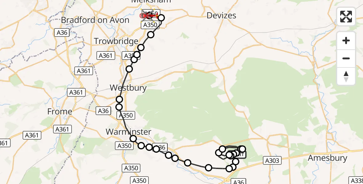 Flight route Air Ambulance Helicopter Shrewton - Wiltshire Air Ambulance, 29 August 2026, 15:44