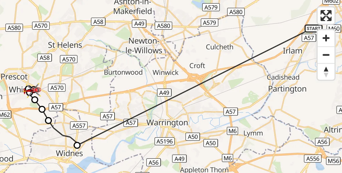 Flight route Air Ambulance Helicopter Manchester Barton Aerodrome - St Helens, 29 August 2026, 15:48