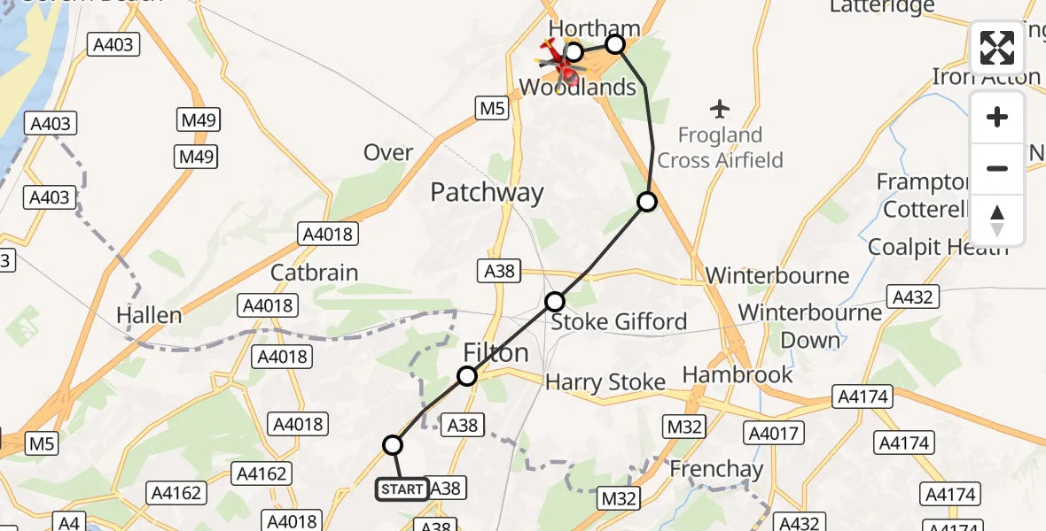 Flight route Air Ambulance Helicopter Southmead Hospital - Almondsbury Helicopter Base, 29 August 2026, 16:20