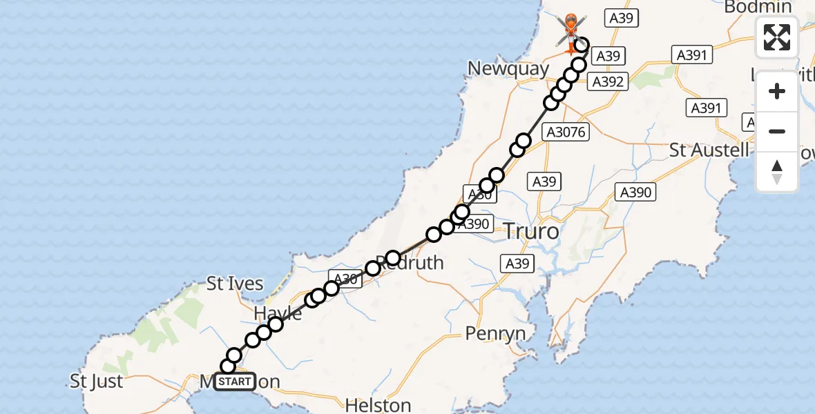 Flight route Coastguard Helicopter Marazion - Cornwall Airport Newquay, 29 August 2026, 16:22