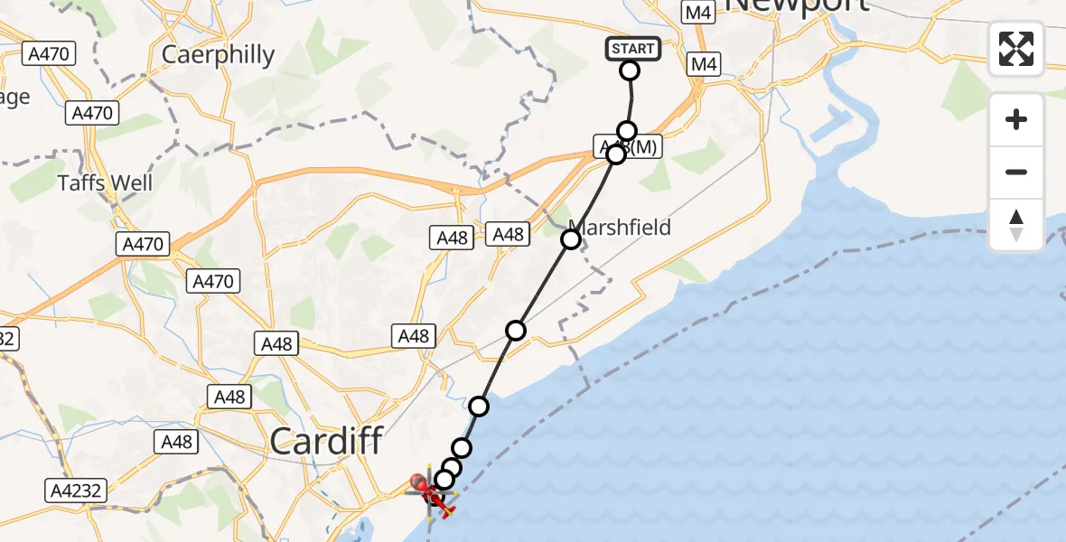 Flight route Air Ambulance Helicopter Rhiwderin - Cardiff Heliport, 29 August 2026, 16:26