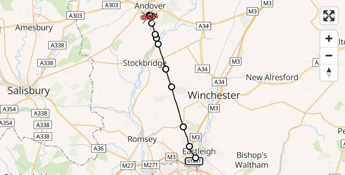 Flight route Air Ambulance Helicopter Southampton Airport - Upper Clatford, 29 August 2026, 17:22