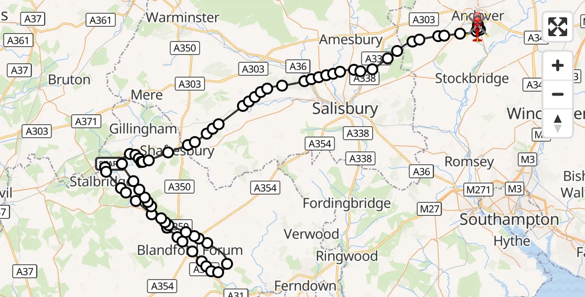 Flight route Air Ambulance Helicopter Henstridge Airfield - Upper Clatford, 29 August 2026, 17:31