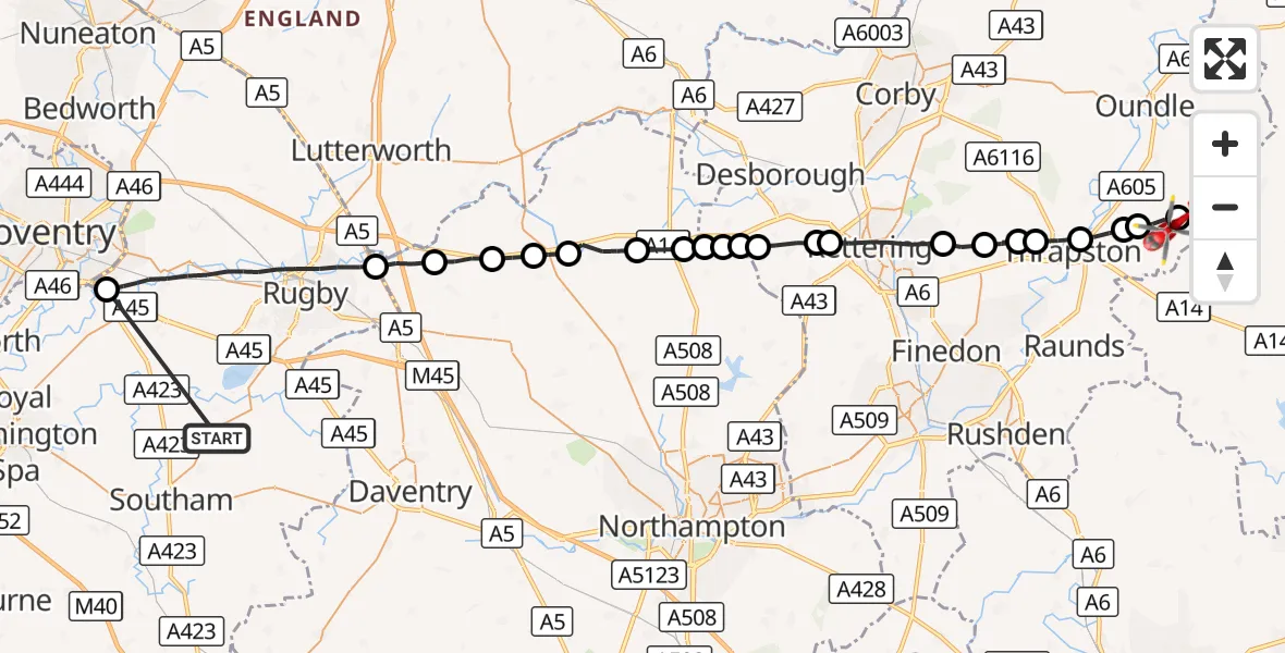 Flight route Air Ambulance Helicopter Rugby - Thurning, 29 August 2026, 17:34