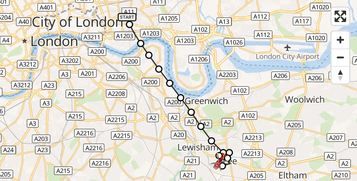 Flight route Air Ambulance Helicopter Royal London Hospital - Kidbrooke, 29 August 2026, 17:41