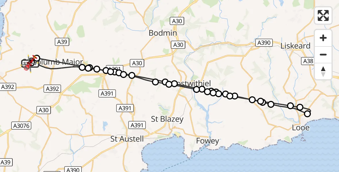 Flight route Air Ambulance Helicopter Cornwall Airport Newquay - Cornwall Airport Newquay, 29 August 2026, 18:00
