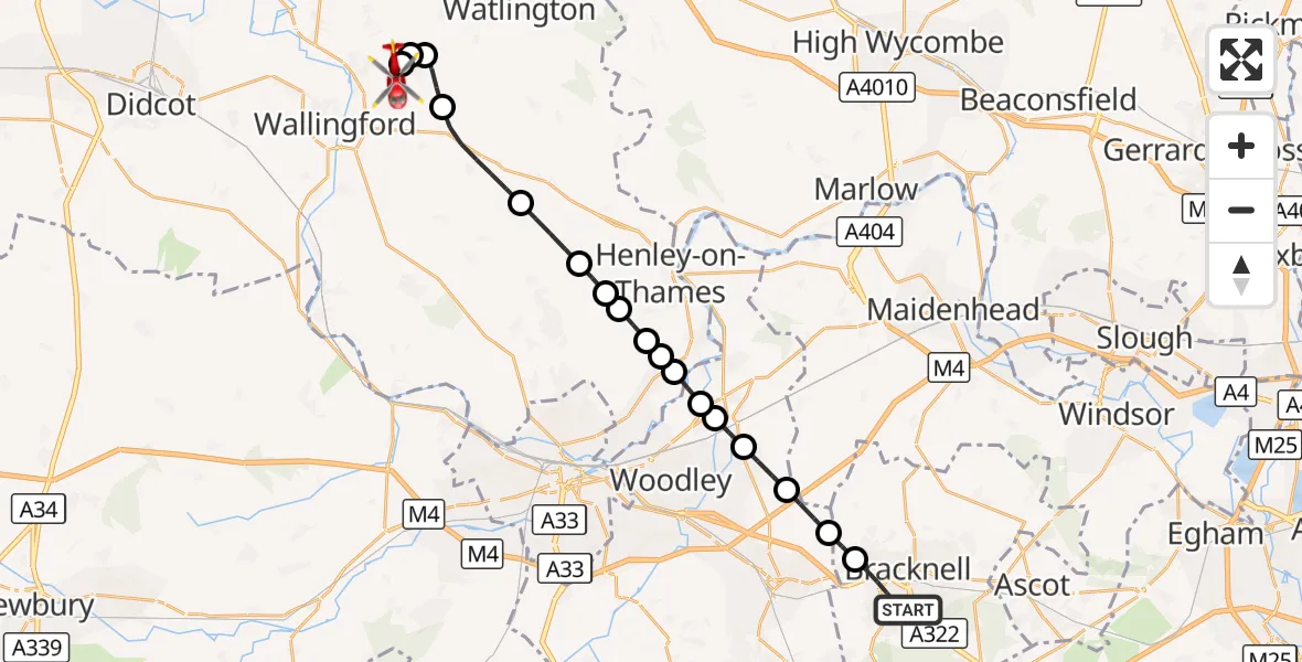 Flight route Air Ambulance Helicopter Bracknell - RAF Benson, 29 August 2026, 18:25