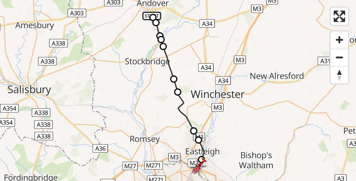 Flight route Air Ambulance Helicopter Upper Clatford - Southampton Airport, 29 August 2026, 18:32