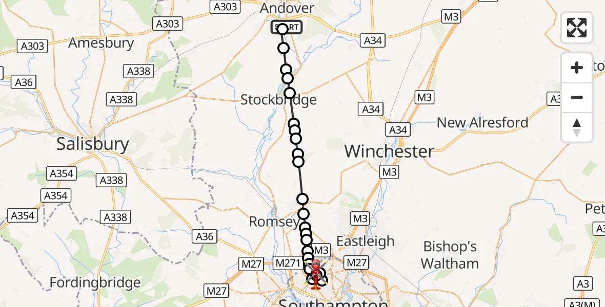 Flight route Air Ambulance Helicopter Upper Clatford - University Hospital Southampton, 29 August 2026, 18:36