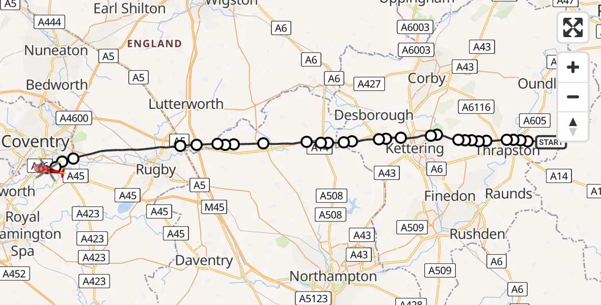 Flight route Air Ambulance Helicopter Clopton - Coventry Airport, 29 August 2026, 18:48