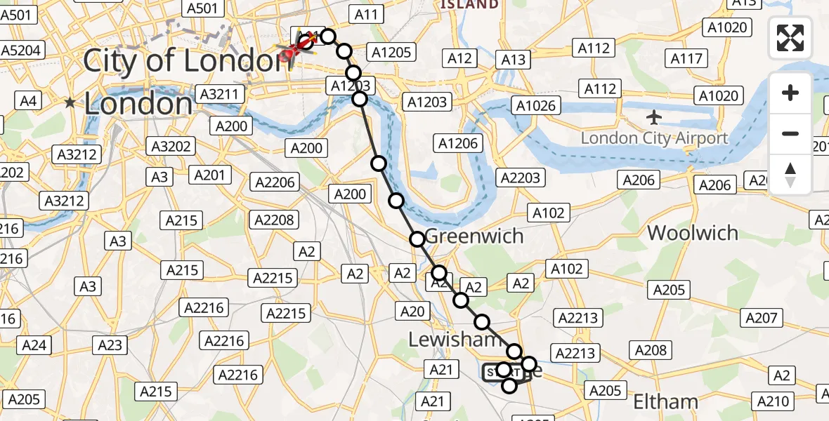 Flight route Air Ambulance Helicopter Hither Green - Royal London Hospital, 29 August 2026, 18:53