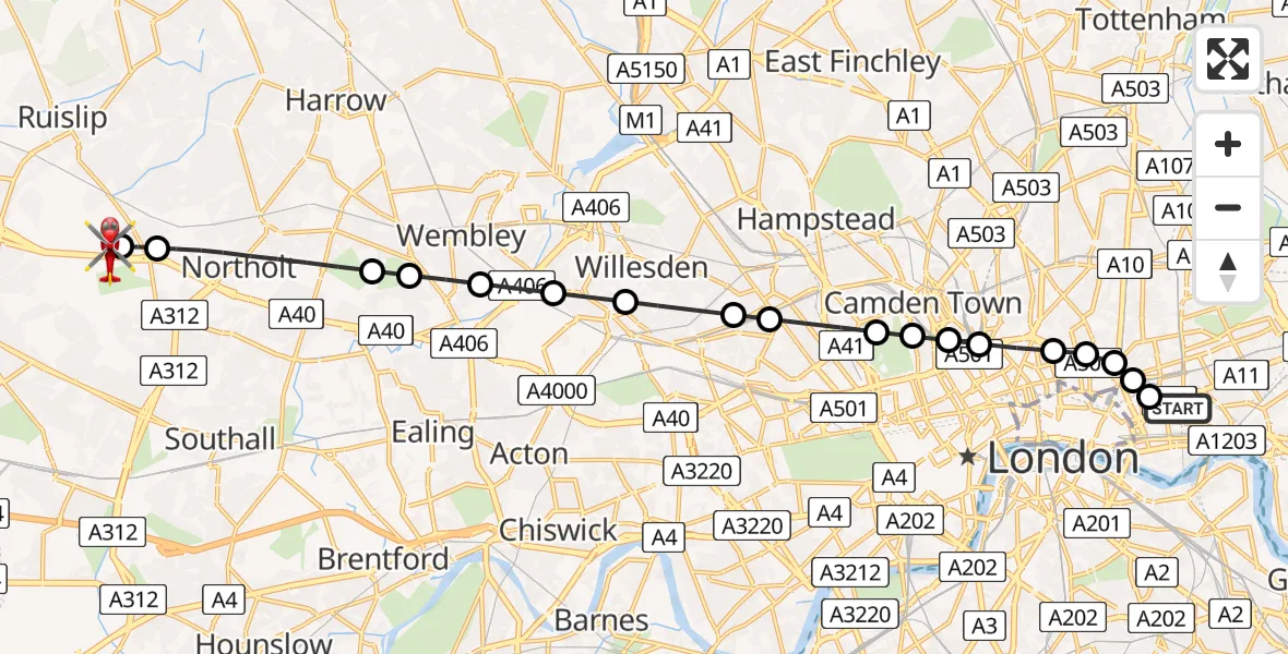 Flight route Air Ambulance Helicopter Royal London Hospital - RAF Northolt, 29 August 2026, 19:10
