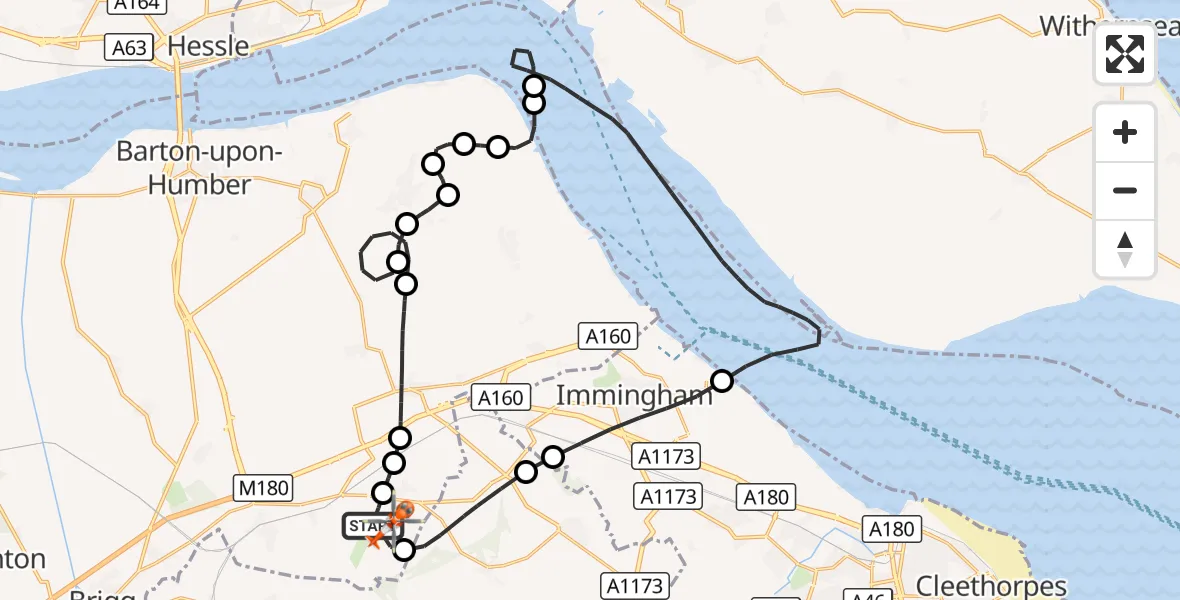 Flight route Coastguard Helicopter Humberside Airport - Great Limber CP, 29 August 2026, 19:19