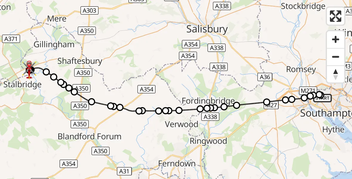 Flight route Air Ambulance Helicopter University Hospital Southampton - Henstridge Airfield, 29 August 2026, 19:41