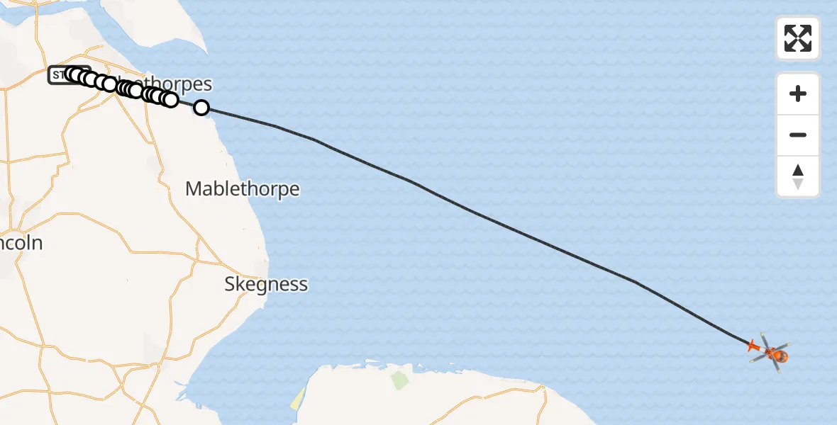 Flight route Coastguard Helicopter Humberside Airport - North Sea, 29 August 2026, 19:57