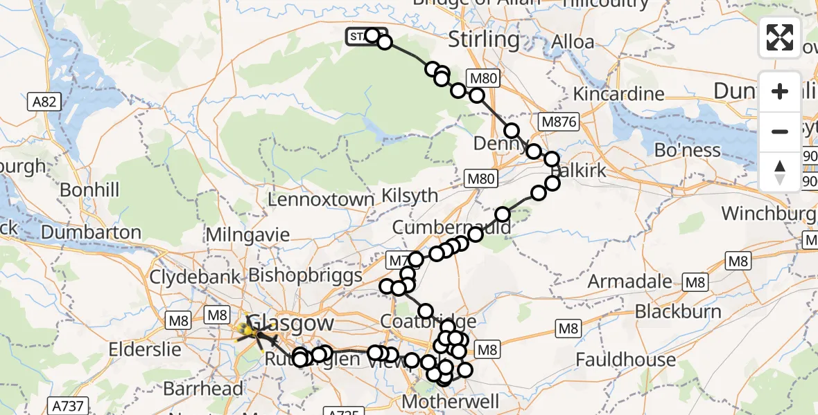 Flight route Police Helicopter Kippen - Glasgow, 29 August 2026, 20:34