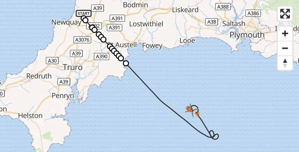 Flight route Coastguard Helicopter Cornwall Airport Newquay - English Channel, 29 August 2026, 20:55