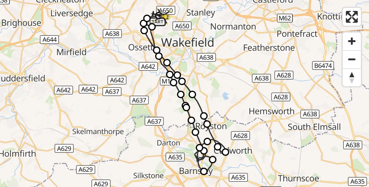 Flight route Police Helicopter Ossett - Ossett, 29 August 2026, 21:26