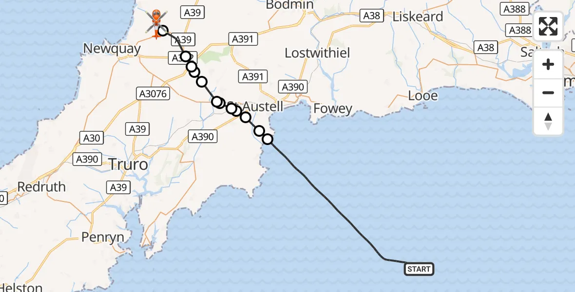 Flight route Coastguard Helicopter English Channel - Cornwall Airport Newquay, 29 August 2026, 21:49