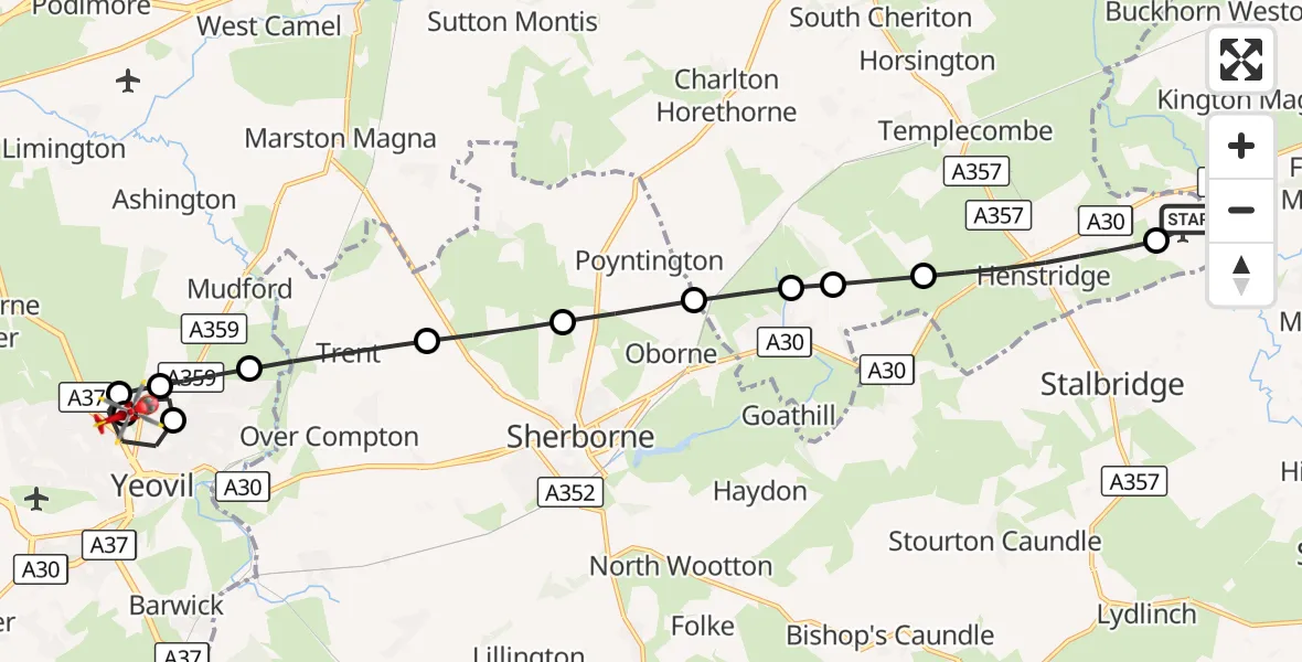 Flight route Air Ambulance Helicopter Henstridge Airfield - Yeovil, 29 August 2026, 22:23
